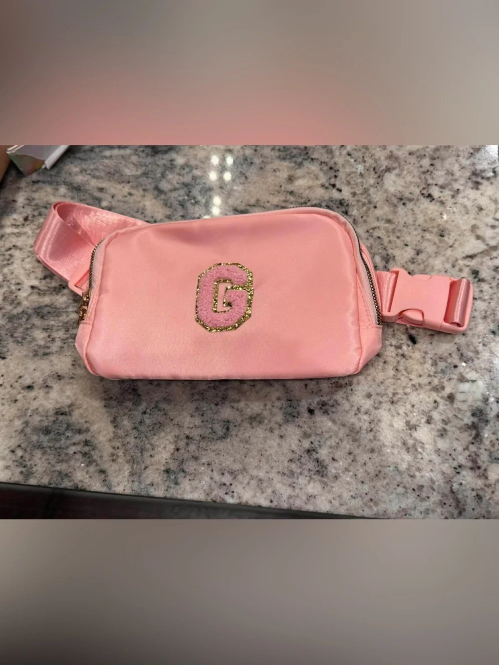 Pink Quilted Crossbody Belt Bag with Gold G Accent Fanny pack adjustable 9”x5”